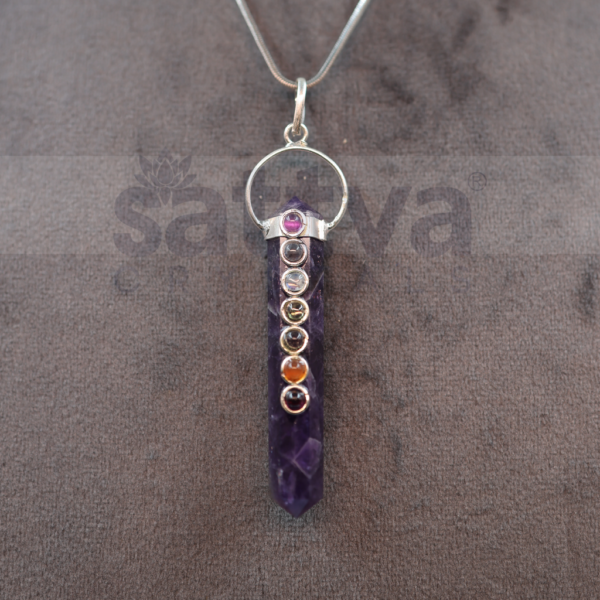 Amethyst 7-Chakra Dot Pencil Shape Pendant (Only Pendant Included)