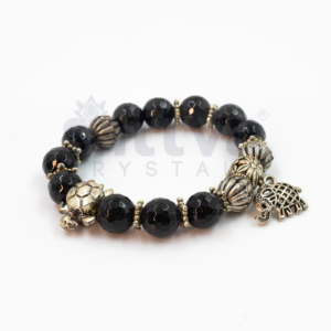 Blk.Tourmaline(D-Cut)-Metal Deco Beads Tortoise+Elephant Bracelet