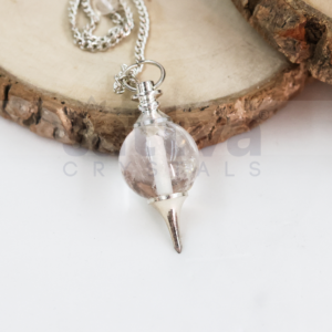 Clear-Quartz Ball with Metal-Tip Dowser + White Metal Chain String