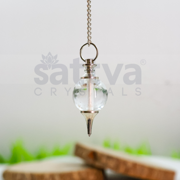 Clear-Quartz Ball with Metal-Tip Dowser + White Metal Chain String - Image 2