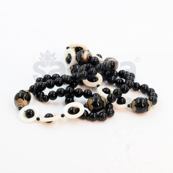 Black Obsidian Plain appx.8mm-appx.14mm with Fancy Metal & Pearl Ring Deco MALA