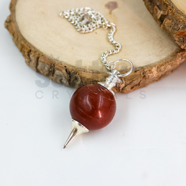Red-Jasper Ball with Metal-Tip Dowser + White Metal Chain String