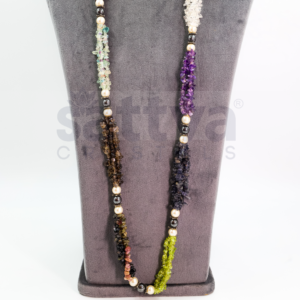 Quartz & Agate Mix Chip-Cut 3 Layered with 8mm Akoya Pearl & Hematite Beads with Metal Deco Fancy MALA