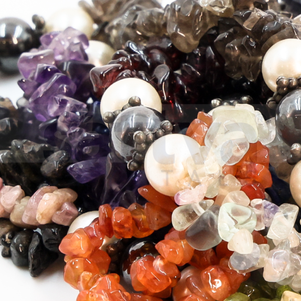Quartz & Agate Mix Chip-Cut 3 Layered with 8mm Akoya Pearl & Hematite Beads with Metal Deco Fancy MALA - Image 3